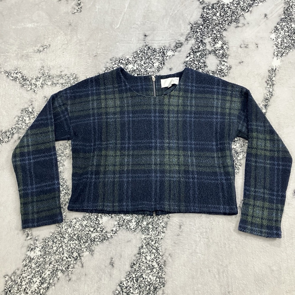 JOA Sweater Womens M Plaid Cropped Fuzzy‎ Short Sleeve Pullover Blue Green